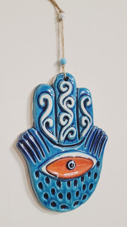 Handmade Ceramic Hamsa Hand Evil Eye Wall Hanging 12 Inch Red