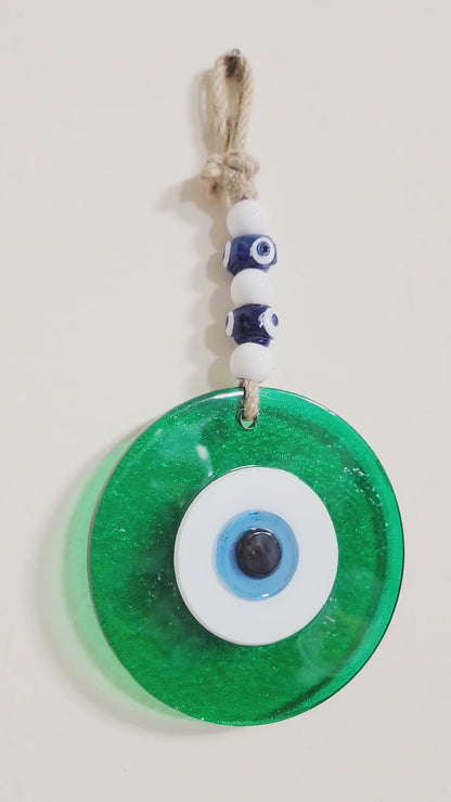 Large Transparent Green Glass Evil Eye Wall Hanging Handmade Nazar Home Decor
