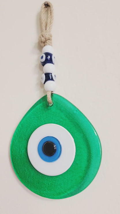 Jumbo Green Glass Evil Eye Wall Hanging with Beads 10 Inch