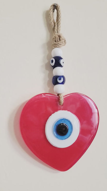 Handmade Glass Evil Eye Wall Hanging Red Heart Nazar Decor 9.5 Inch