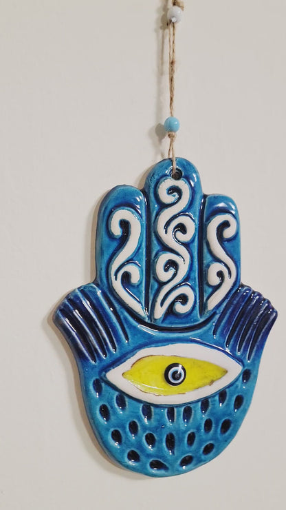 Handmade Ceramic Hamsa Hand Evil Eye Wall Hanging 12 Inch Yellow