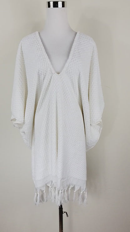 Paréo de plage taille unique – parfait pour la plage, blanc avec pompons
