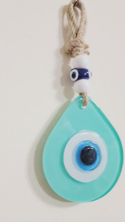 Teardrop Evil Eye Wall Hanging Glass Mediterranean Decor Aqua