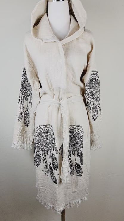 Peignoir kimono en mousseline doux et douillet, caftan en mousseline de coton biologique au motif attrape-rêves