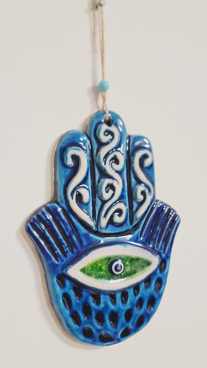 Handmade Ceramic Hamsa Hand Evil Eye Wall Hanging Blue Green 12 Inch