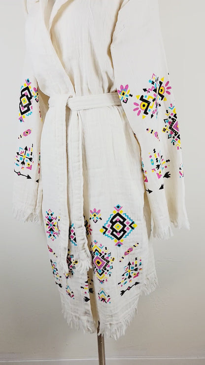 Muslin Kimono Robe, Soft and Cozy, Organic Cotton Muslin Kaftan, Evil Eye Motif