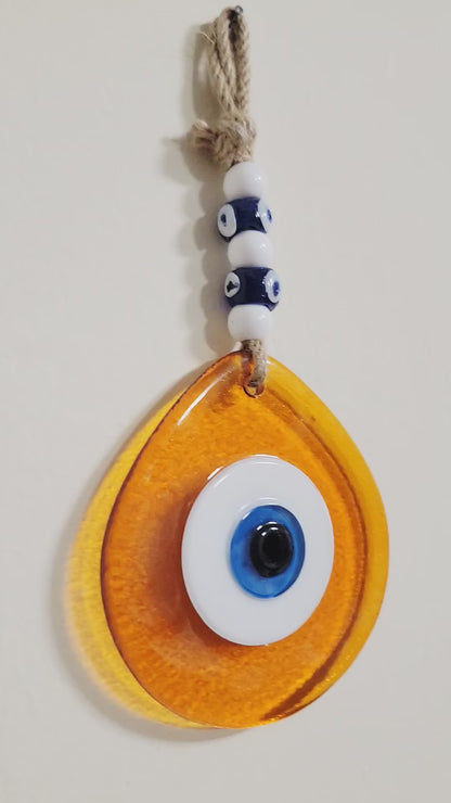 Jumbo Orange Glass Evil Eye Wall Hanging with Beads 10 Inch