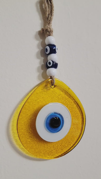 Jumbo Transparent Yellow Glass Evil Eye Wall Hanging with Beads 10 Inch