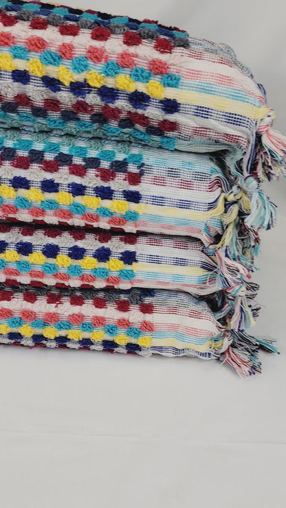 Bath Towels, Organic Turkish Cotton Pom Pom Towels in Red Multicolor