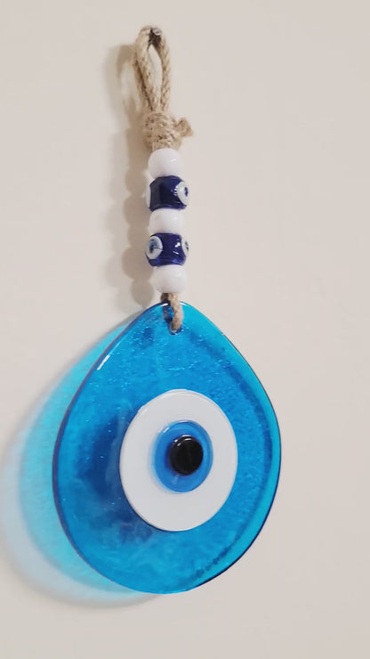 Jumbo Transparent Blue Glass Evil Eye Wall Hanging with Beads 10 Inch