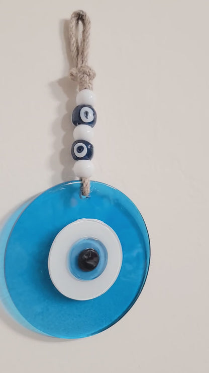 Large Transparent Light Blue Glass Evil Eye Wall Hanging Handmade Nazar Home Decor