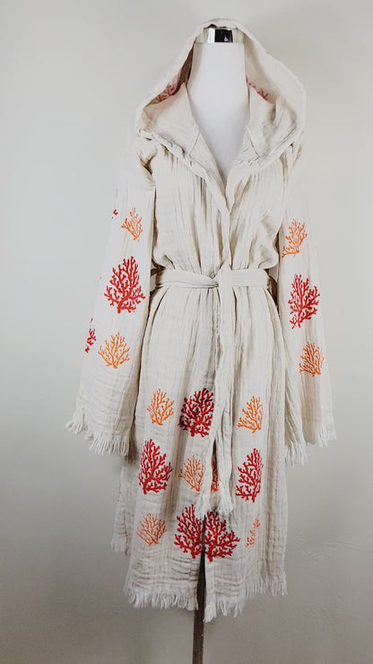 Muslin Kimono Robe, Soft and Cozy, Organic Cotton Muslin Kaftan  Reef Motif