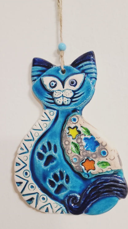 Handmade Blue Ceramic Cat Wall Hanging Mediterranean Decor 11.5 Inch