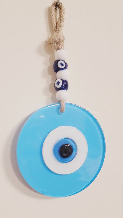 Large Matte Light Blue Glass Evil Eye Wall Hanging Handmade Nazar Home Decor