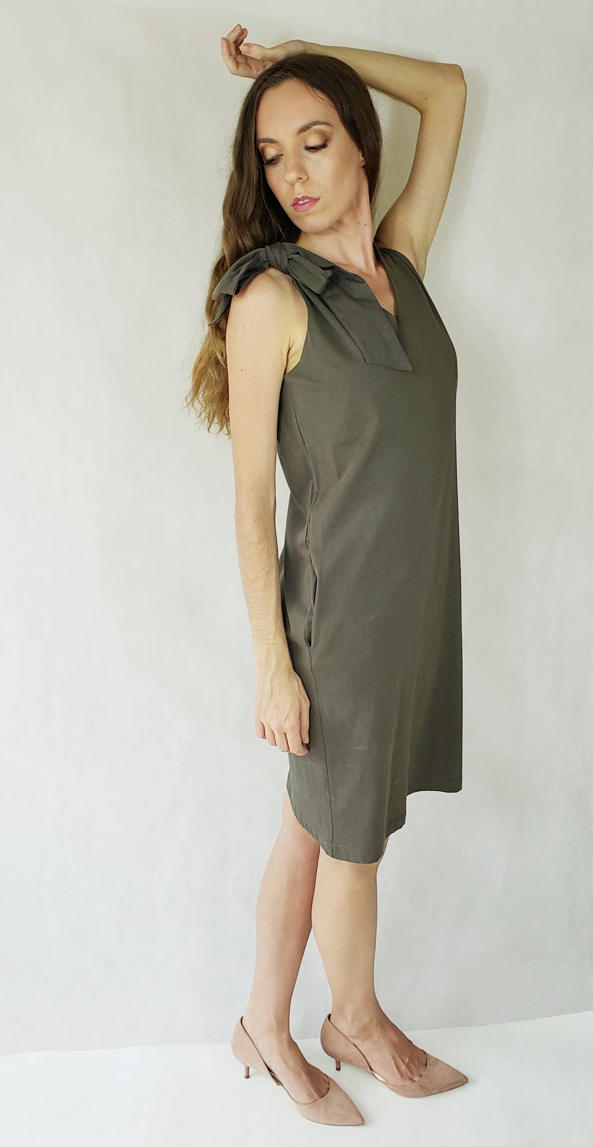 GREEN BLACK JERSEY DRESS WITH TIE SHOULDER - EEBRU