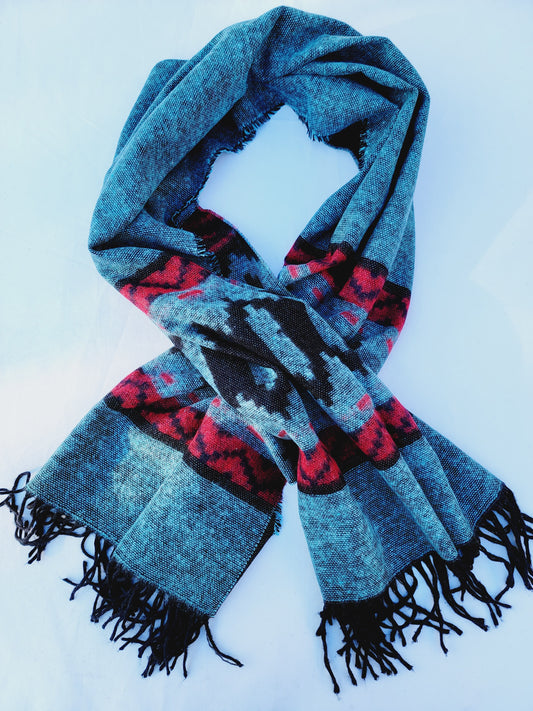 Scarf, Shawl, Extra Soft Unisex Head Cover - Aqua/Red