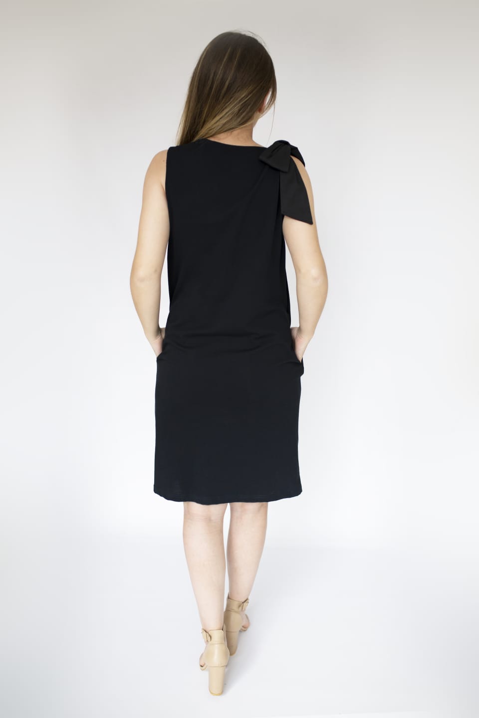 BLACK JERSEY DRESS WITH TIE SHOULDER - EEBRU
