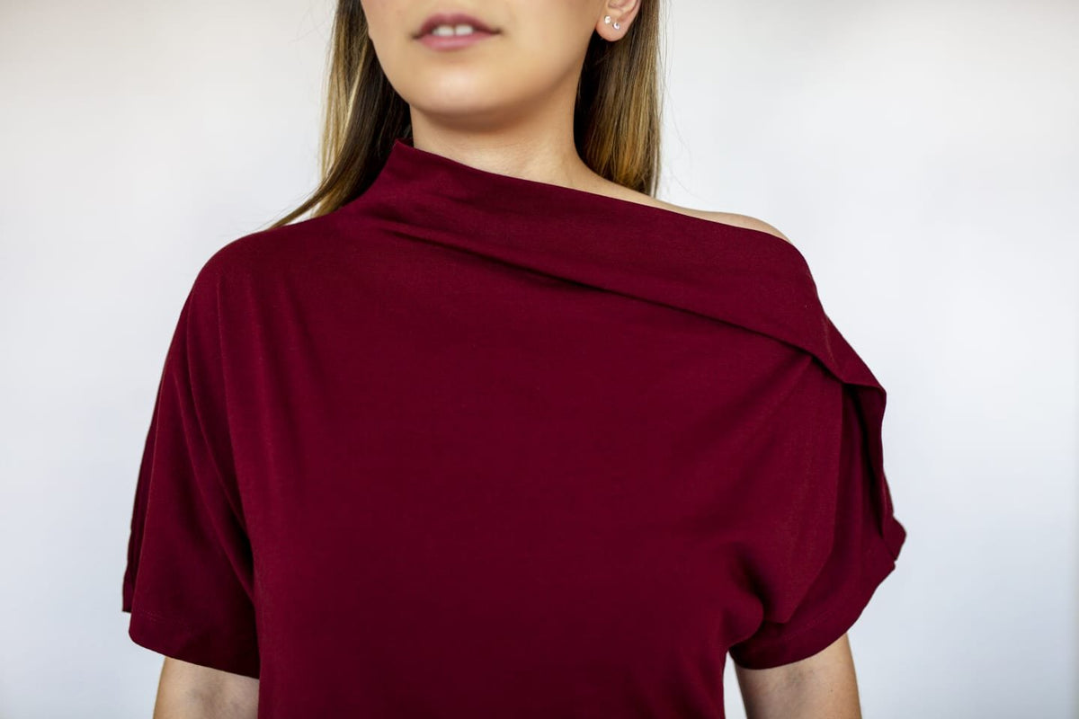 BURGUNDY DRAPPED-NECK JERSEY DRESS - EEBRU